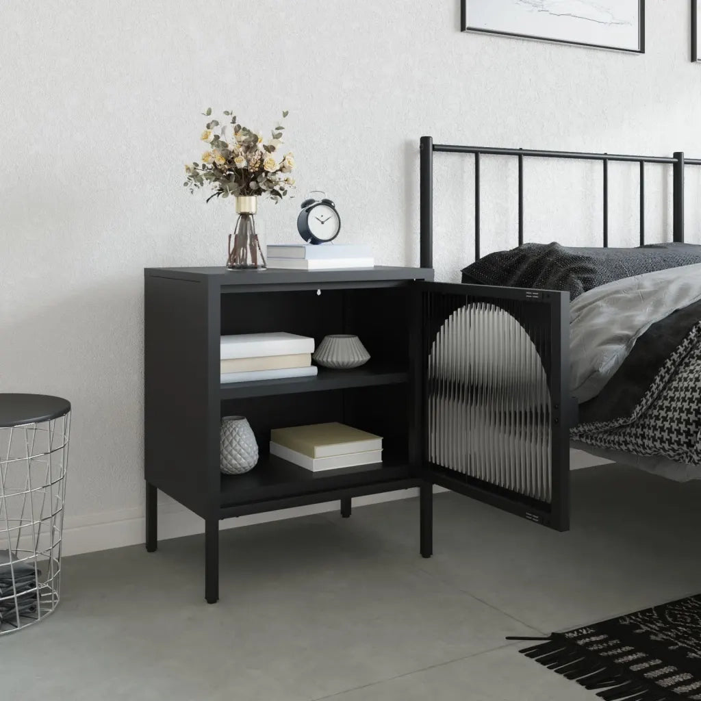 Comodino | Armadio da Notte | Mobiletto da notte Nero 50x35x60 cm Vetro e Acciaio