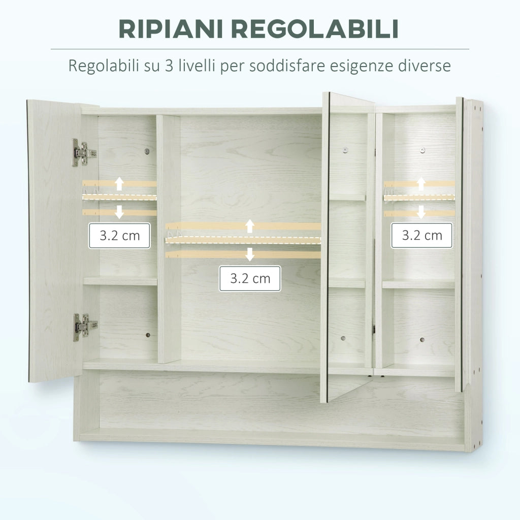 EasyComfort Armadietto Moderno da Bagno con Specchio a 4 Sezioni con Ripiani Regolabili, a Parete in Legno e Vetro, 90x15x75 cm, Grigio