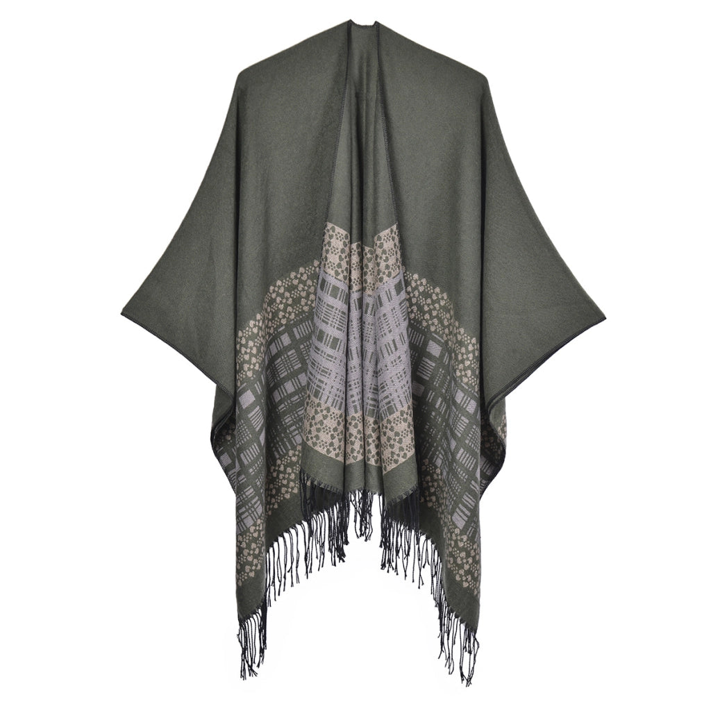 Sciarpa/mantella reversibile in cashmere a tinta unita per autunno/inverno, semplice e spessa con nappe.