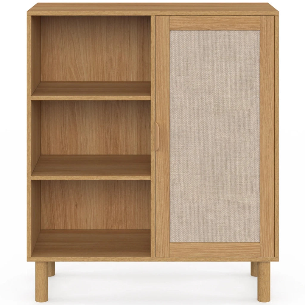 IDMarket - Credenza con 3 ripiani e armadietto 70 cm ROBIN in legno e tessuto effetto lino
