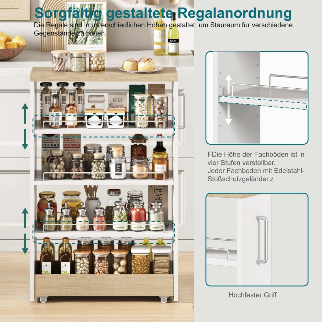 Carrello da cucina sottile con 4 ripiani regolabili e 4 ruote, per cucina e bagno, bianco, 95 × 27,2 × 19,8 cm