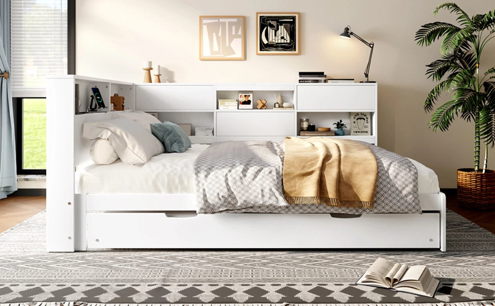 DESMIU Letto estraibile 2 posti con vano testata, USB e Tipo C 140 × 200 cm e 90 × 190 cm, senza materasso, Bianco