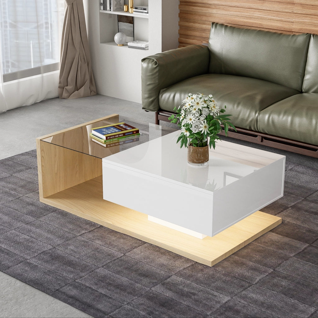 Tavolino da caffè 105 x 55 cm con vano; vetro temperato e LED 16 colori