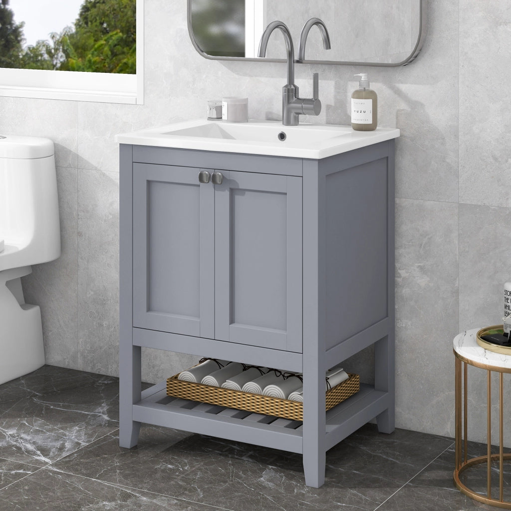Mobile sottolavabo da bagno con lavabo in ceramica, 1 vano aperto, per bagno, in legno massello e MDF, grigio