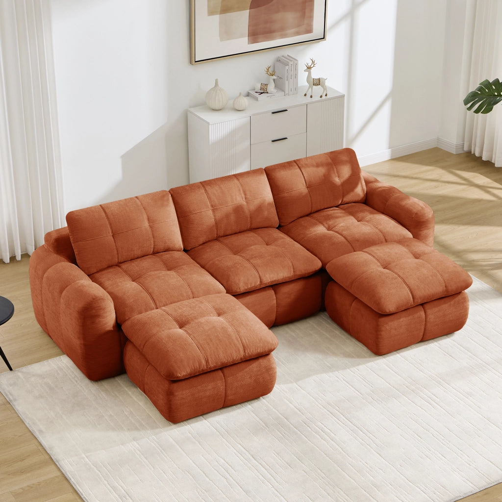 Divano modulare a U 3 posti - con seduta senza struttura e pouf - in chenille arancione