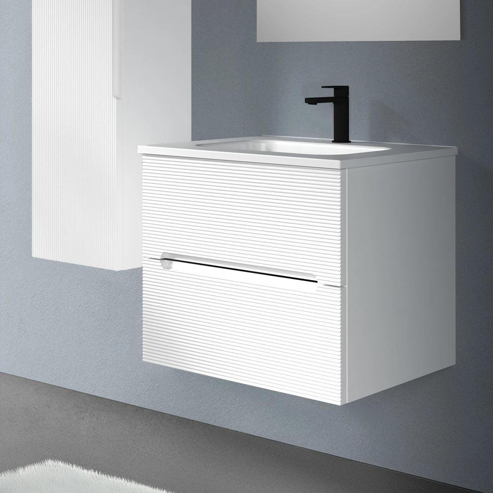 Mobile bagno sospeso 60 bianco cannettato 2 cassetti lavabo e specchio Rigo