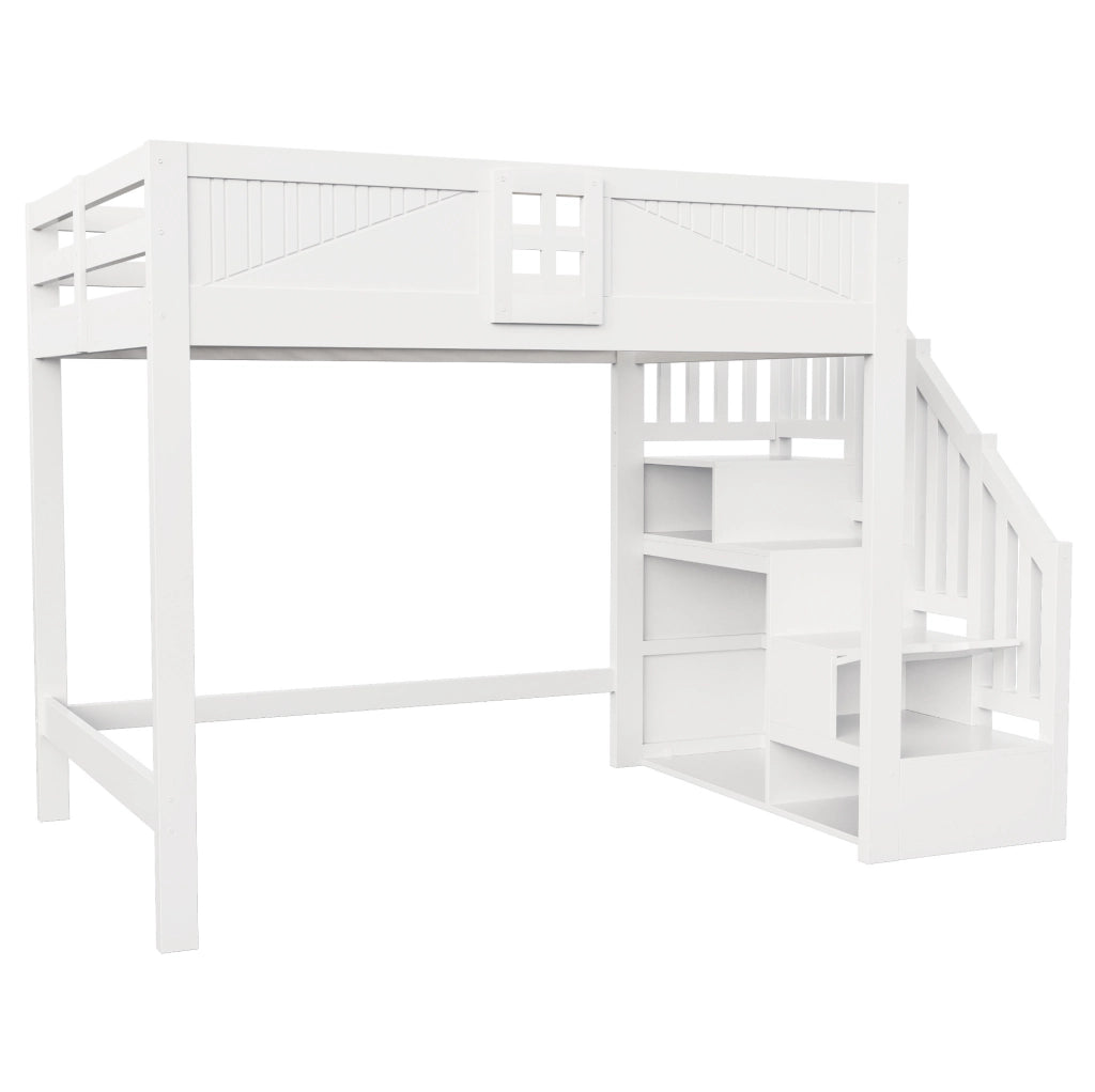 Letto a soppalco 140x200 cm in legno massello; bianco; con scala reversibile e spazio contenitivo