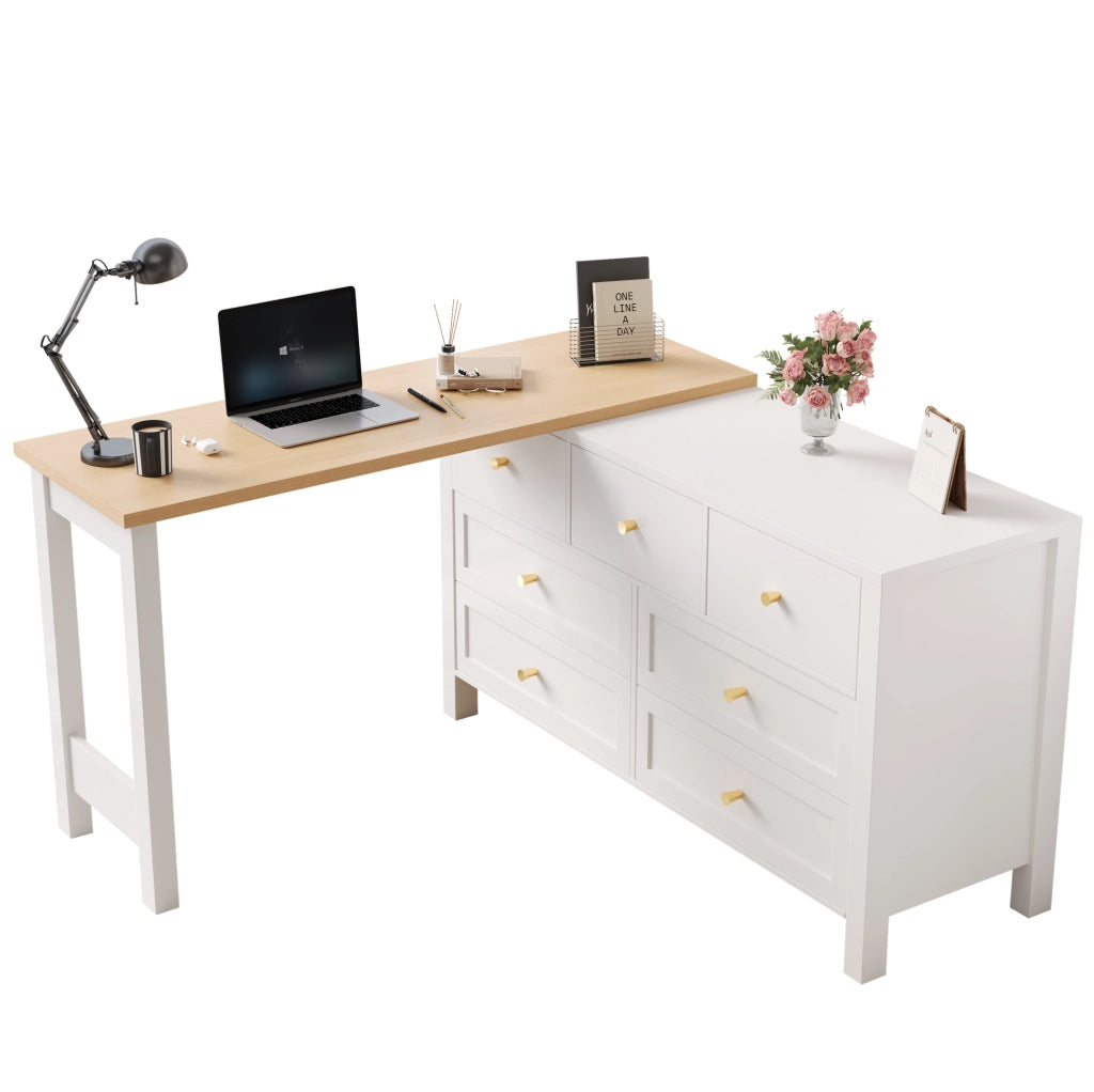 Scrivania girevole 120x40x70 cm con 7 cassetti; piano 360° in truciolare bianco e naturale