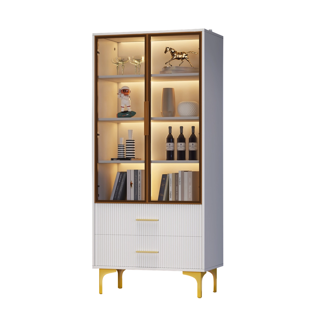 Vetrina in Vetro con 2 Ante e Luce LED ¨C MINIMAL ¨C Bianco/Oro, Ripiani Mobili, 70x35x150