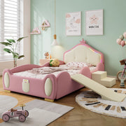 Letto imbottito 90x200 cm con LED; scivolo e scaletta in PU rosa e beige