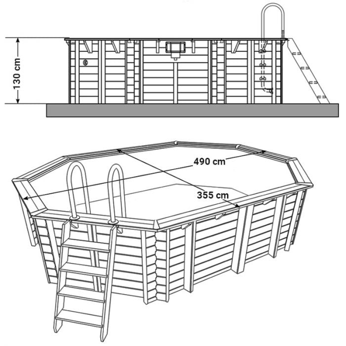 Piscina In Legno Ottagonale Northwood 490 - 4,90 X 3,55 H1,30 M - Liner Blue