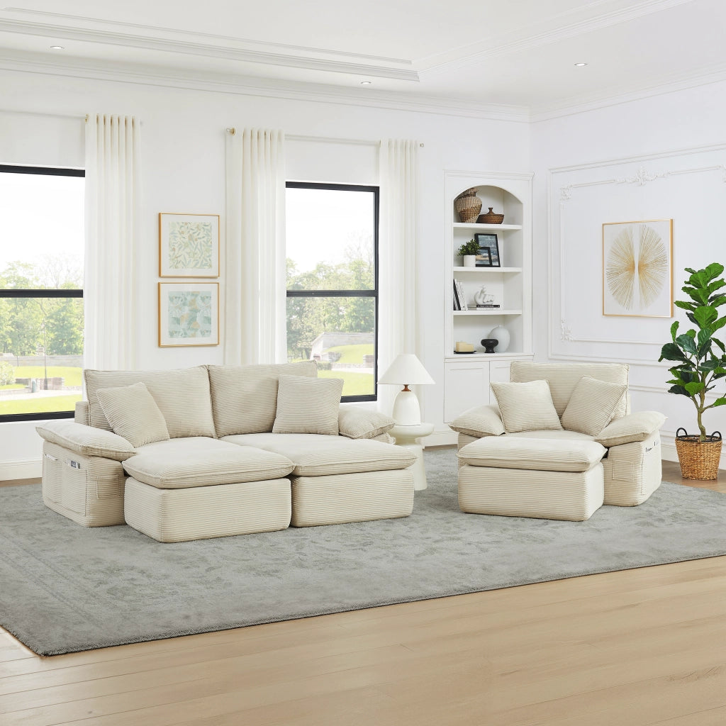 Divano modulare 2 posti da pavimento con poggiapiedi tasche laterali seduta morbida senza montaggio in tessuto beige