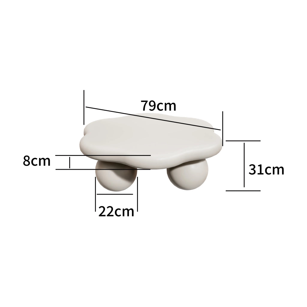 Tavolino basso a forma di nuvola con gambe sferiche, in mdf e plastica, per soggiorno e camera, crema, diametro 80 × 35 cm