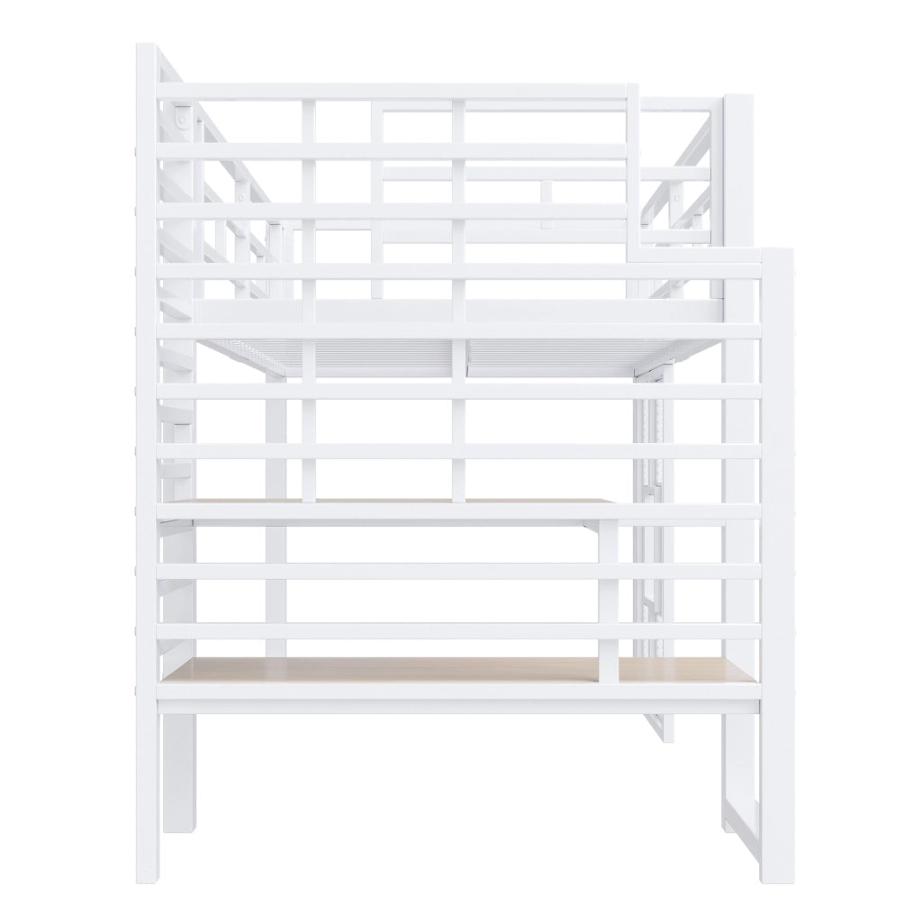 Letto a soppalco singolo 90 × 200 cm con scala contenitore, LED e finestre, senza materasso, bianco