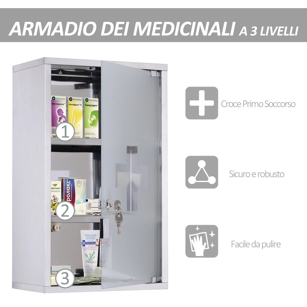 Armadietto medicinali 50x30x18cm Cassetta mobile bagno primo soccorso in acciaio inox con serratura