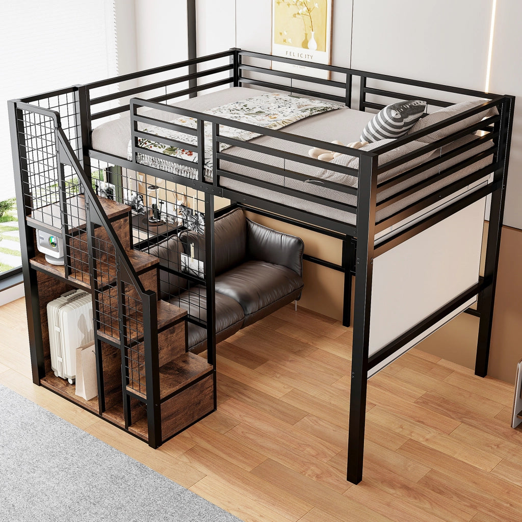 LETTO A MEZZANINO 140x200 cm in metallo nero con scala e spazio inferiore