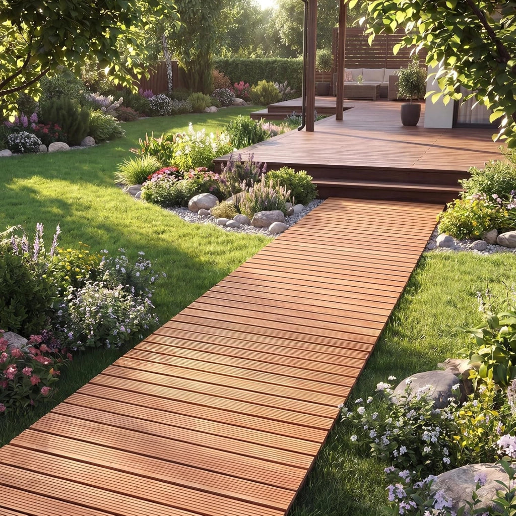 Sentiero da Giardino in Legno, Passerella Decorativa da Esterno, Superficie Antiscivolo, Collegamento con Fili Metallici, Sentiero Arrotolabile per Cortile e Spiaggia, 367 x 55 cm (Naturale)