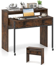 Scrivania per Computer, Tavolo Salvaspazio Retrattile con Cassetti e Ruote Universali Bloccabile, 100 x 63 x 88 cm, Desk Gaming per Ufficio, Soggiorno e Camera da Letto (Marrone)