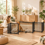 8-piece Dog Gate With Door, Foldable, Black, 640 Cm, Poplar Wood