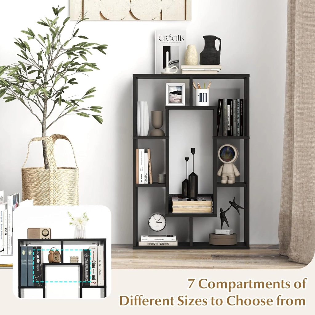 Scaffale per libreria, divisorio in legno, con 7 scomparti, 60 x 20 x 90 cm, per soggiorno, studio e camera da letto (nero)