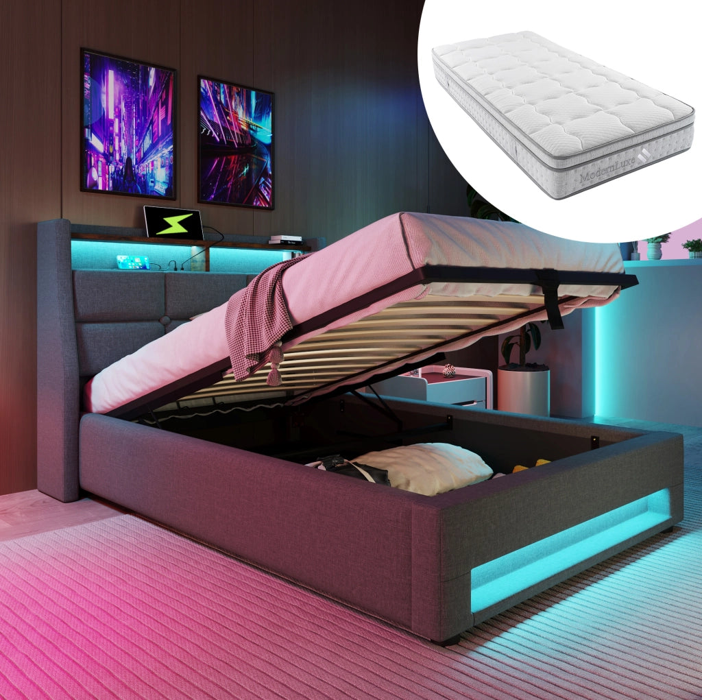 Letto imbottito 90x200 cm con USB e LED; grigio