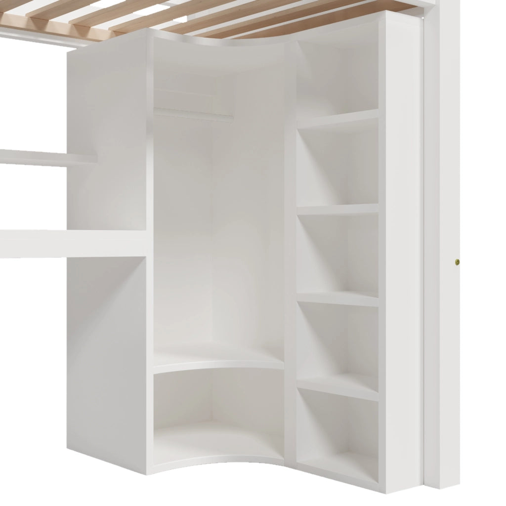 LETTO a soppalco 90x200 cm Legno massello Bianco con LED, scrivania e armadio