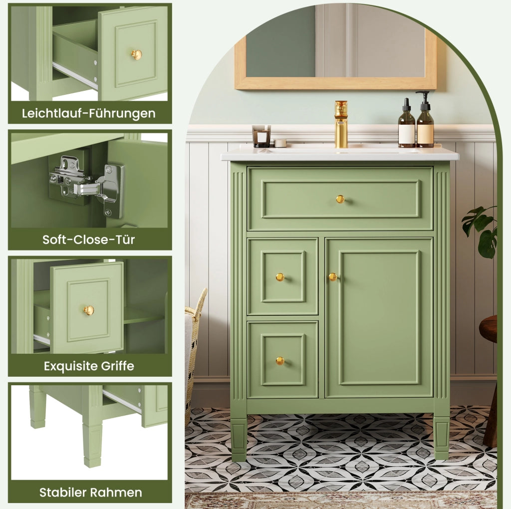 Mobile bagno freestanding 61 cm in MDF e ceramica; verde lucido; con lavabo e 2 cassetti