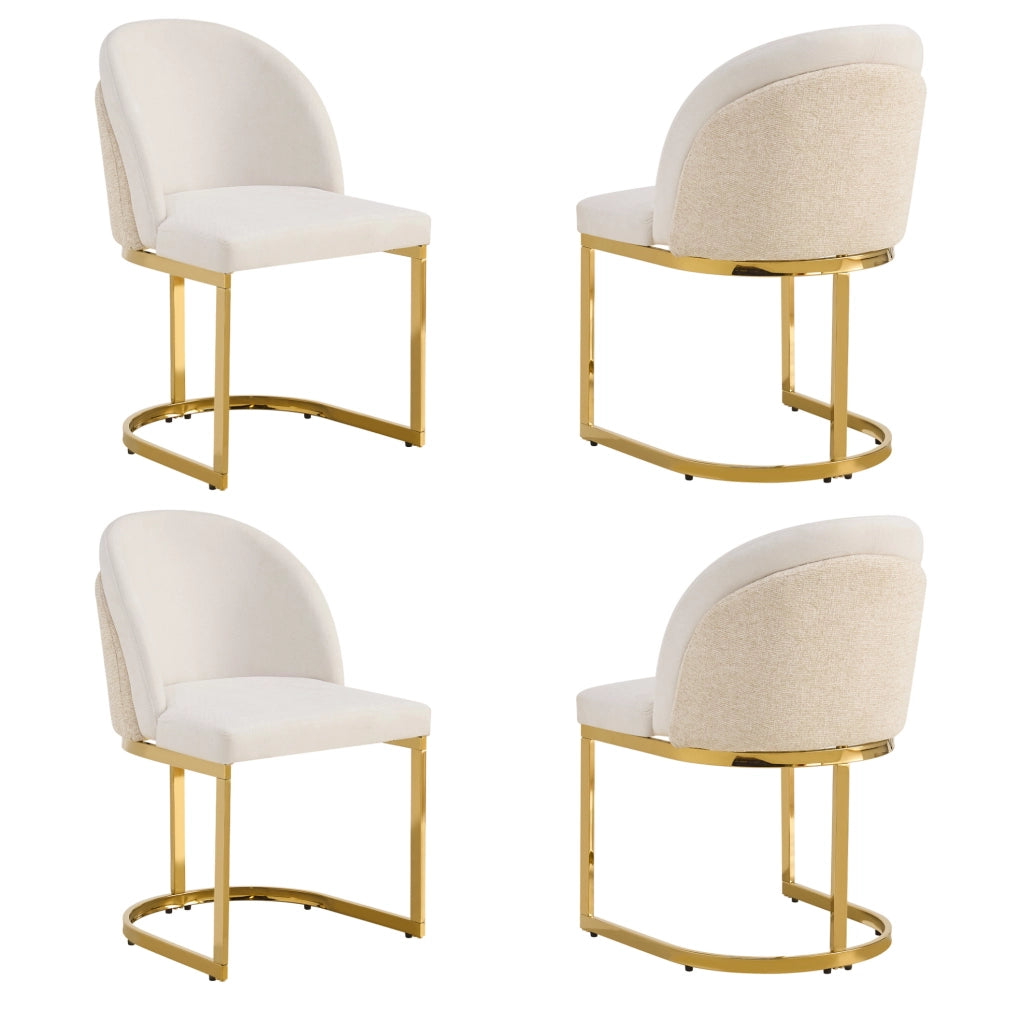 Set di 4 sedie con doppio schienale e gambe in metallo galvanizzato; chenille beige e oro