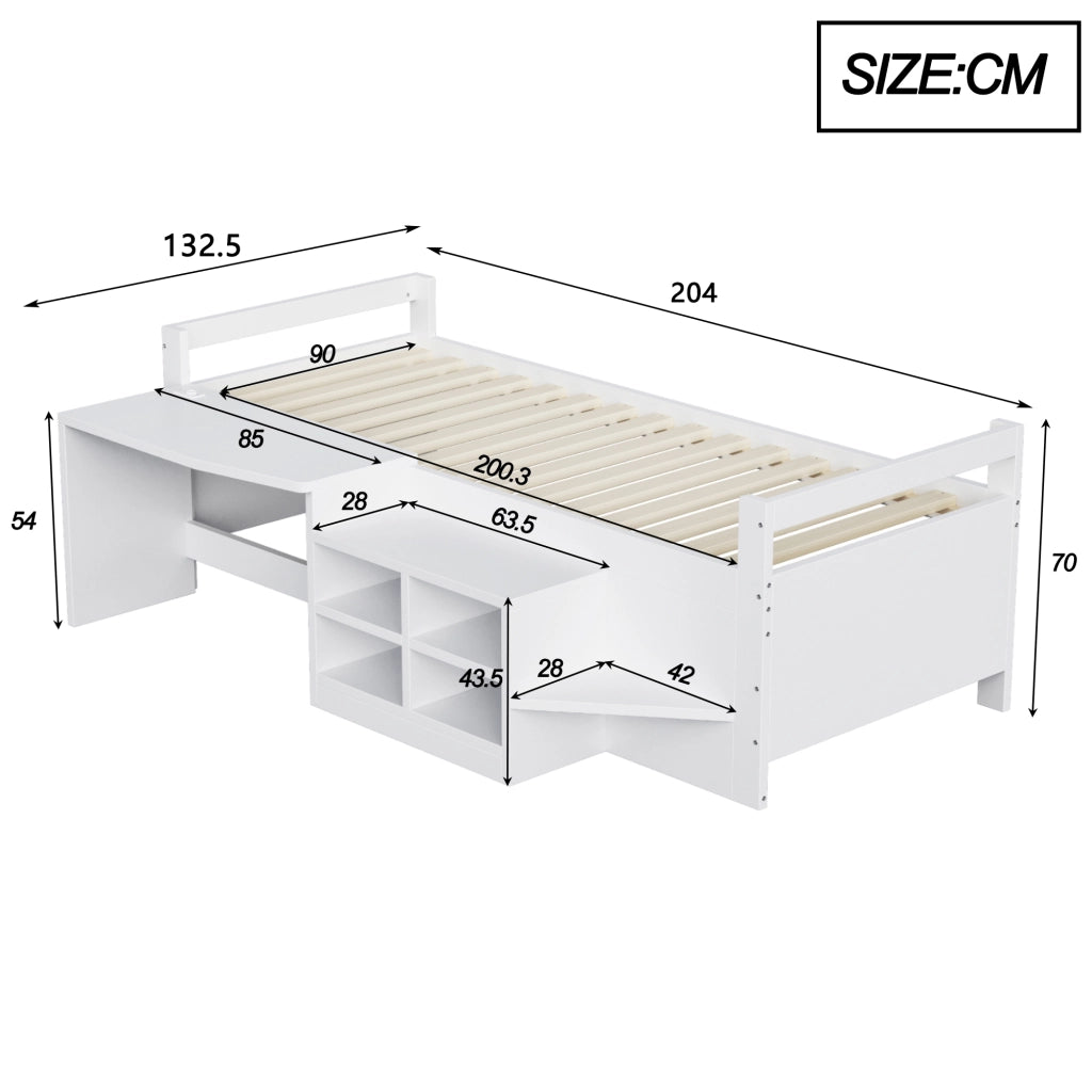LETTO Singolo 90x200 cm con scrivania, vani contenitori e prese USB Bianco