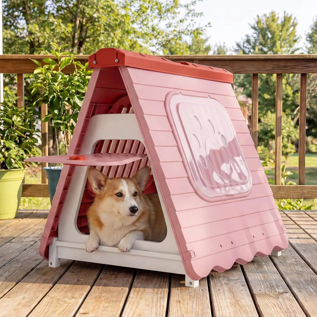 Cuccia Pieghevole per Cani, Casetta in Plastica per Cane con Porta a Battente Bloccabile e Finestre Ventilate, Cucce Impermeabile e Portatile per Cani Piccoli e Medi (Rosa)
