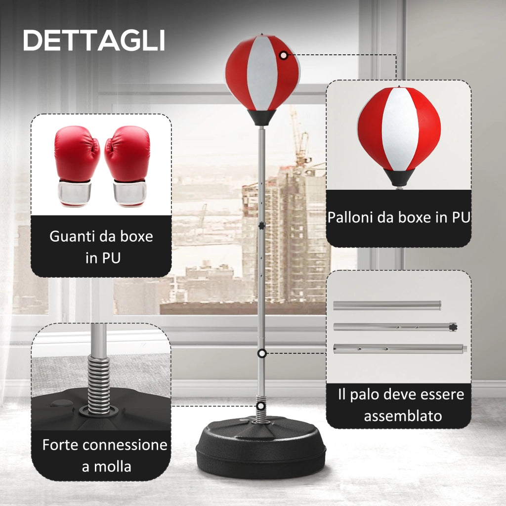 Punching Ball da Terra ad Altezza Regolabile con Guantoni e Base Riempibile. 43x43x126-144 cm. Rosso e Bianco