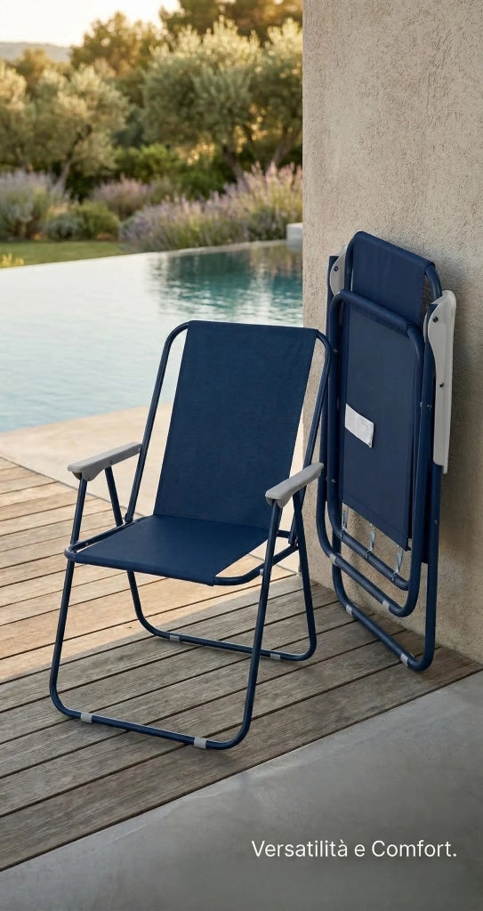 Sedia Pieghevole Relax da Esterno e Giardino. Poliestere 600D, Braccioli, Max 100kg. Colori Assortiti
