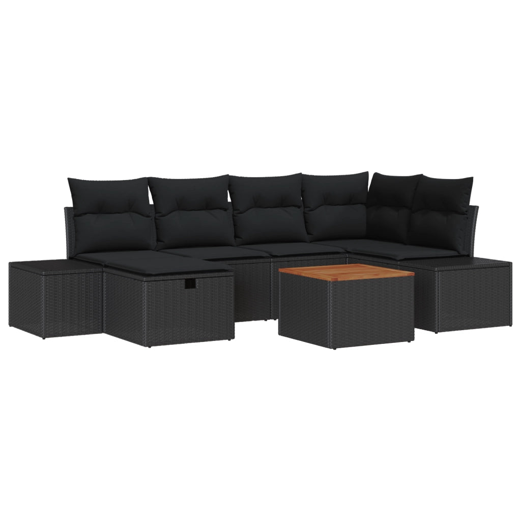Set da Giardino 7 Pezzi con Cuscini in Rattan Nero