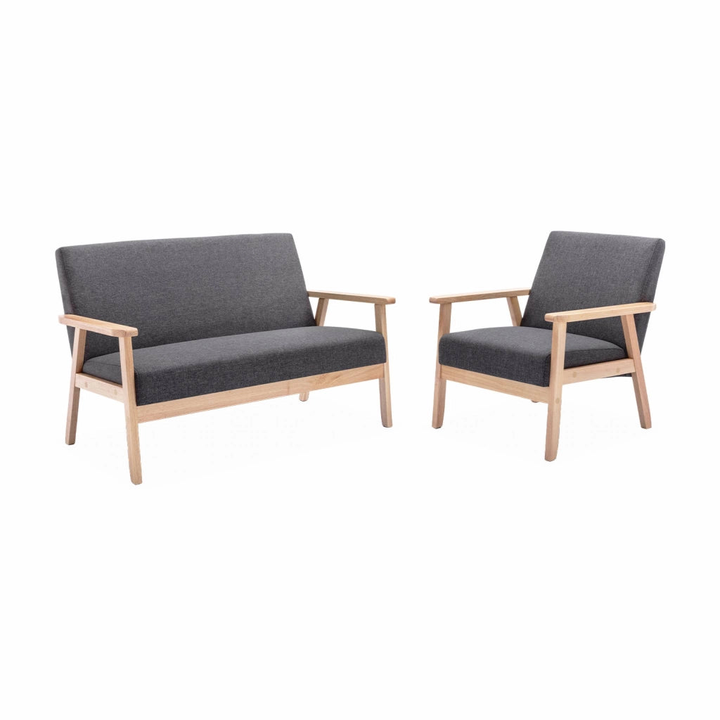 Set panca e poltrona in legno e tessuto, 3 posti, grigio scuro