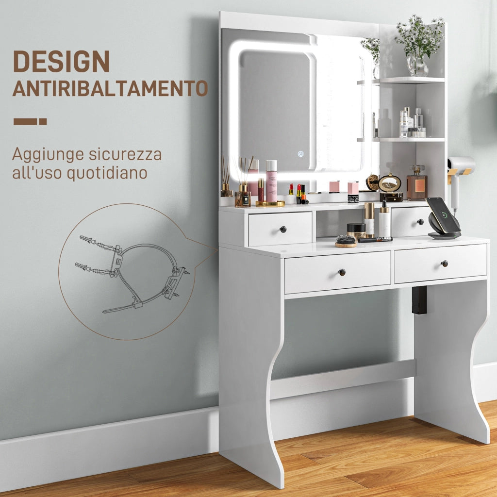 Toeletta Trucco con Luci LED, Specchio, USB, Cassetti e Mensole ¨C zephmum ¨C Bianco, 90x45x160cm