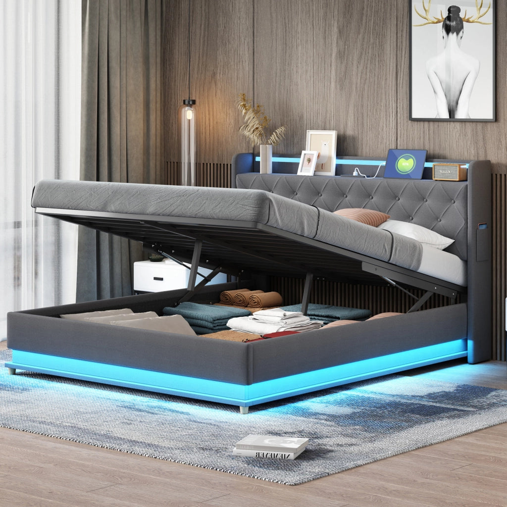 LETTO imbottito LED 160x200 cm grigio con USB e contenitore