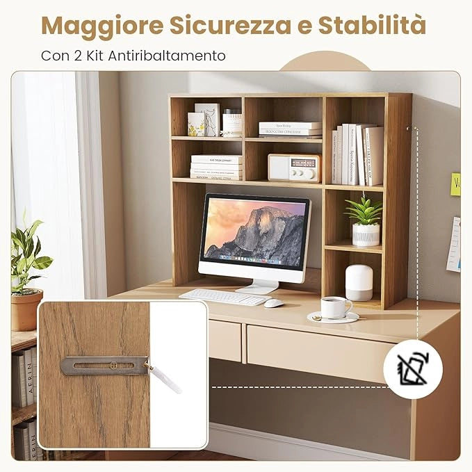 Libreria da Scrivania, Scaffale per Scrivania con 3 Ripiani Regolabili e Scomparto Aperto per Monitor 27", Organizzatore di Spazio per Casa Ufficio Dormitorio, 94x25x79 cm (Naturale)