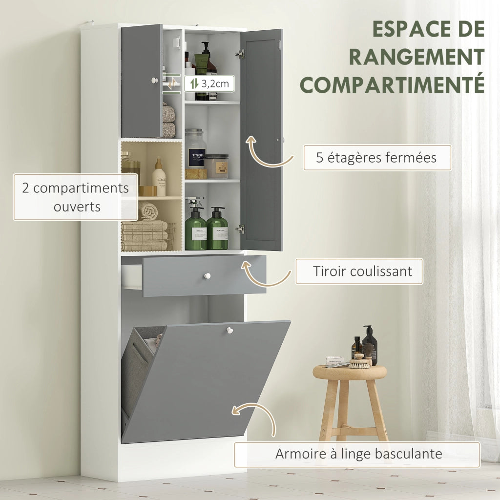 Mobile da bagno con cesto per la biancheria e specchio ripiano regolabile ¨C zephmum ¨C 62x28.3x181 cm grigio bianco