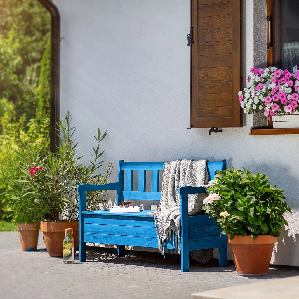 Panchina da giardino in legno KADAX con schienale, 120 cm, con contenitore, per terrazzo, balcone, giardino.