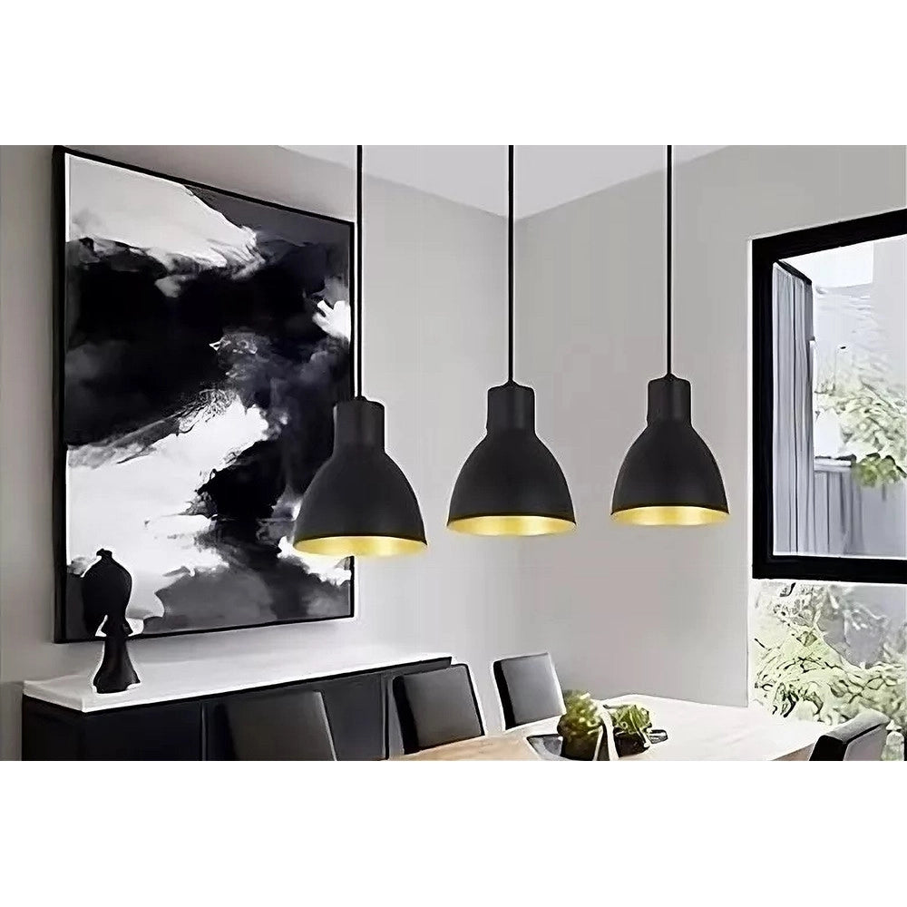 Trade Shop - Lampadario A Sospensione E27 Ferro Paralume Moderno Contemporaneo Campanella Nera Oro 33269 -