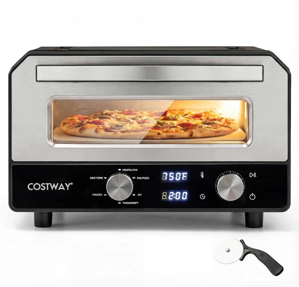 Forno Pizza Elettrico, 1700 W Macchina per Pizza Professionale con 6 Modalità Preimpostate Taglierina e Pietra Refrattaria, Raggiunge fino 400°C, 43x47x28 cm