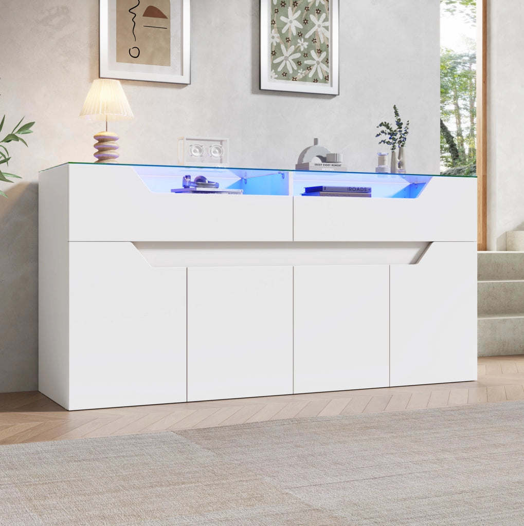 Credenza bianca 140x40x70 cm in MDF con piano in vetro e LED
