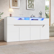 Credenza bianca 140x40x70 cm in MDF con piano in vetro e LED