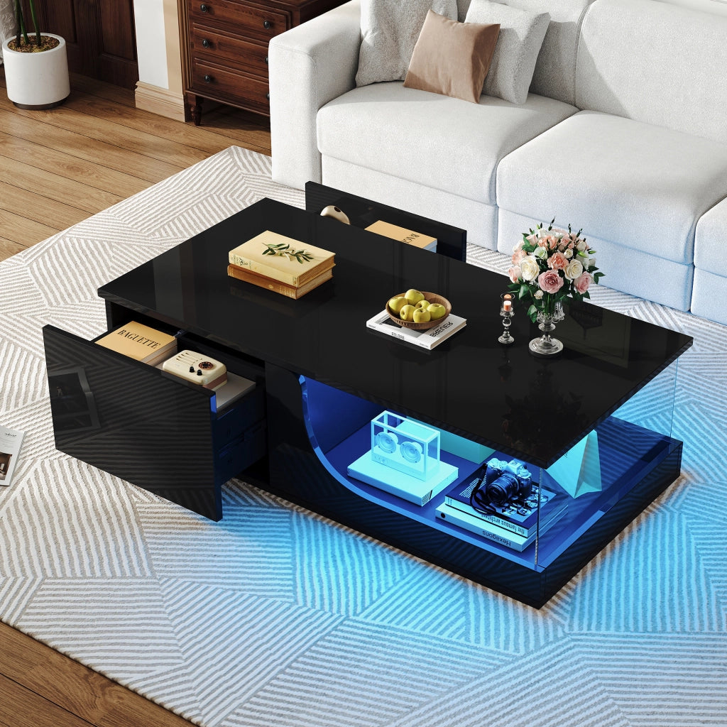 Tavolino da caffè con LED e 2 cassetti 100x50x30 cm in MDF e vetro temperato; nero