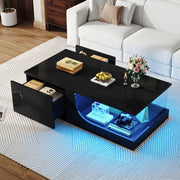 Tavolino da caffè con LED e 2 cassetti 100x50x30 cm in MDF e vetro temperato; nero
