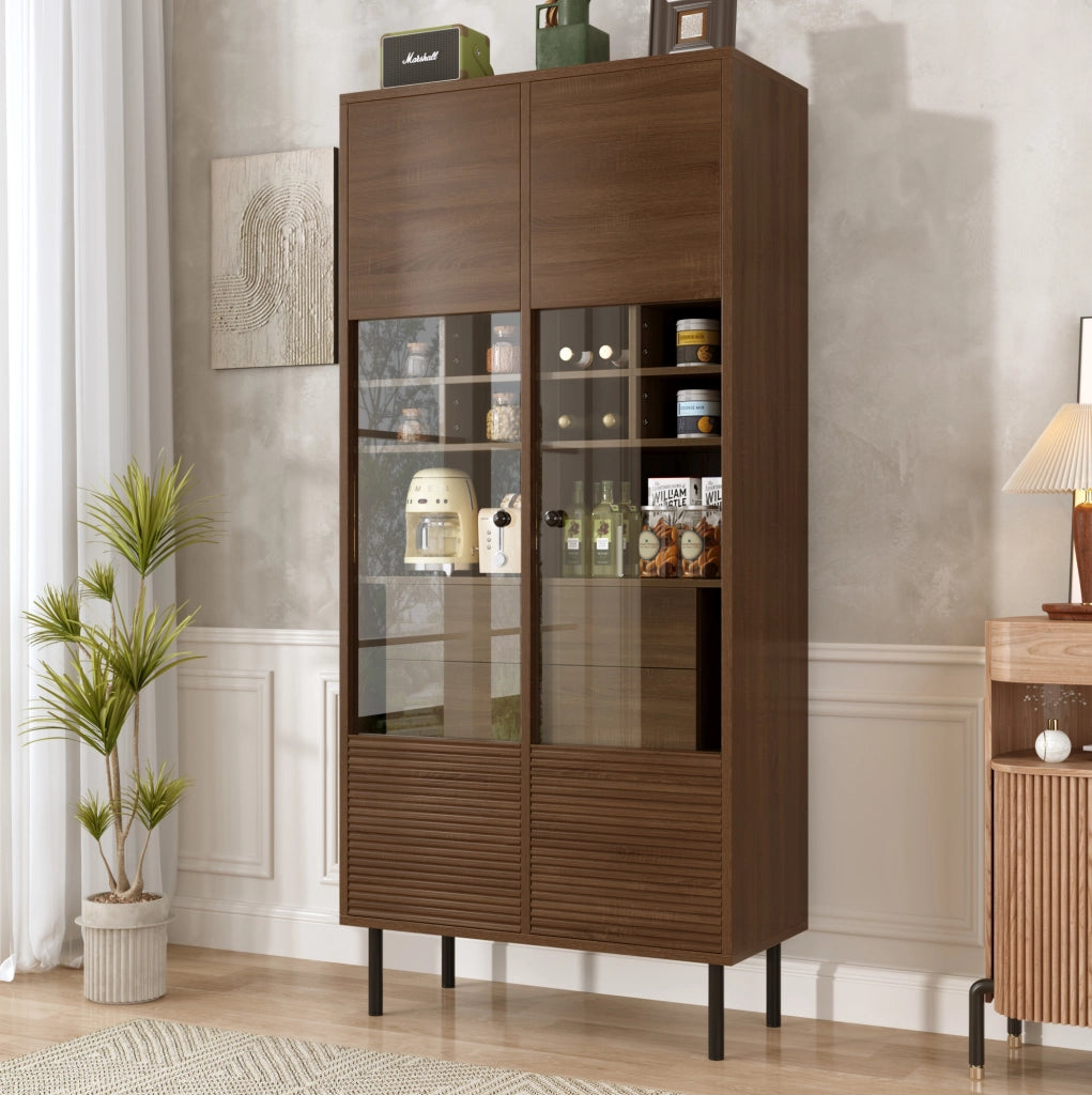 Credenza multifunzione con vetrina in vetro; 4 cassetti nascosti e ripiani; finitura noce