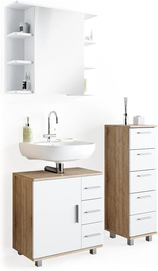Set mobili bagno Ilias, Sonoma, 60 cm, composto da mobile sottolavabo, specchiera e mobile medio