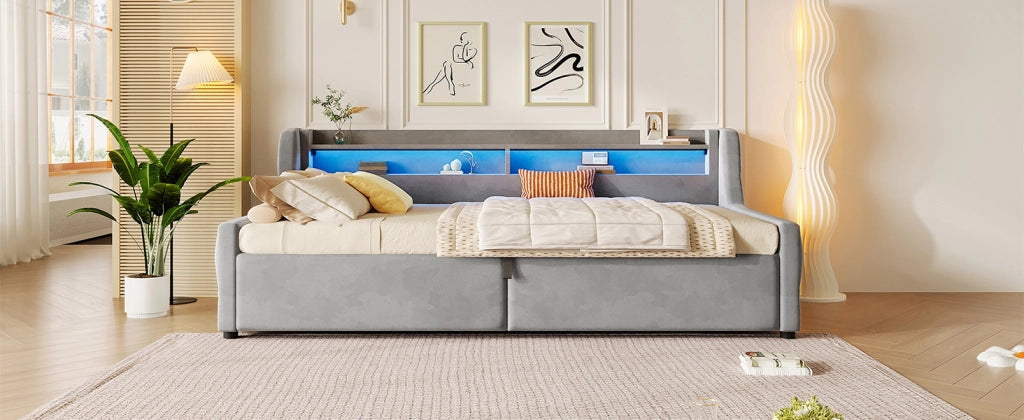 DESMIU Letto contenitore 1 posto con LED e vano 90 × 200 cm, senza materasso, in flanella, grigio