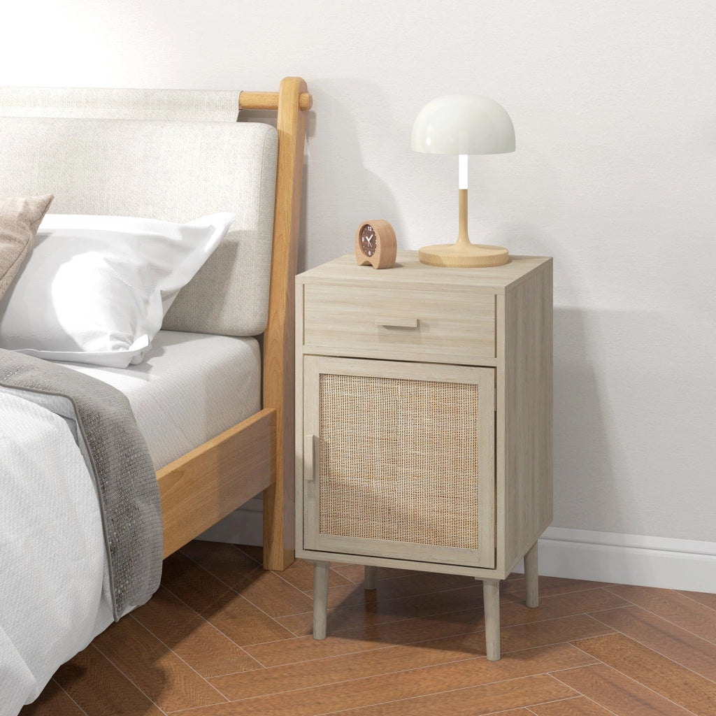 Set 2 Comodini per Camera da Letto con Cassetto e Anta 40x40x68,5 cm in Rattan Stile Boho Naturale
