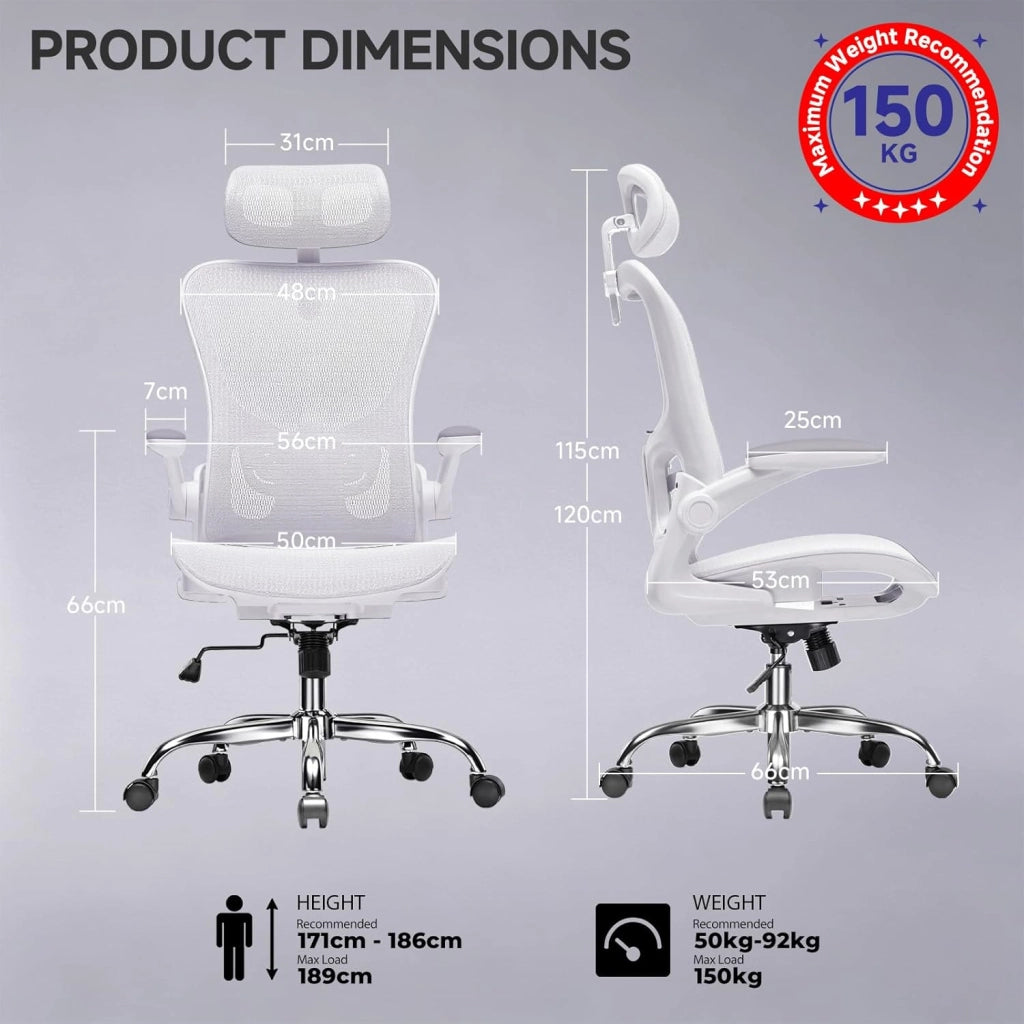 Sedia da ufficio, sedia da scrivania, ergonomica, in rete a doppio strato, traspirante, supporto lombare adattabile, poggiatesta regolabile, per home office, sedia girevole da 150 kg, bianco